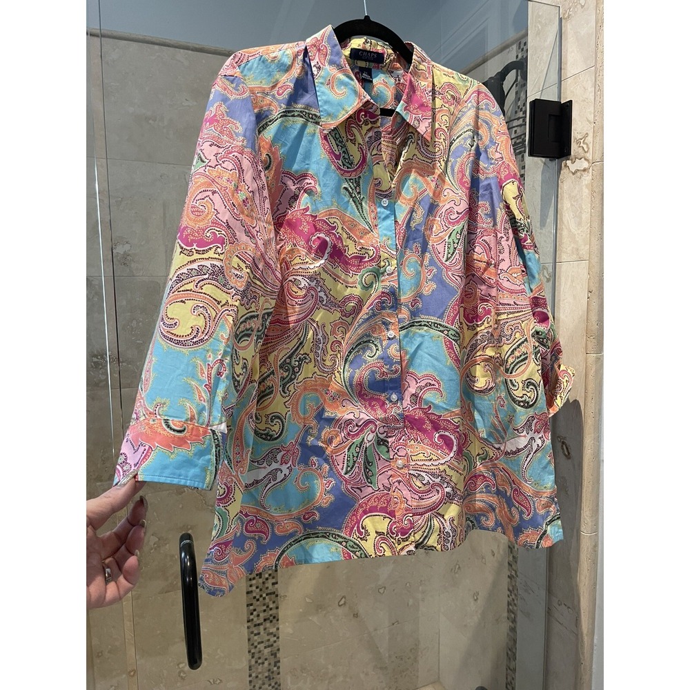 Chaps Womens 1/2 Sleeve Blouse Size 2X Pink Blue Paisley Print Button Front